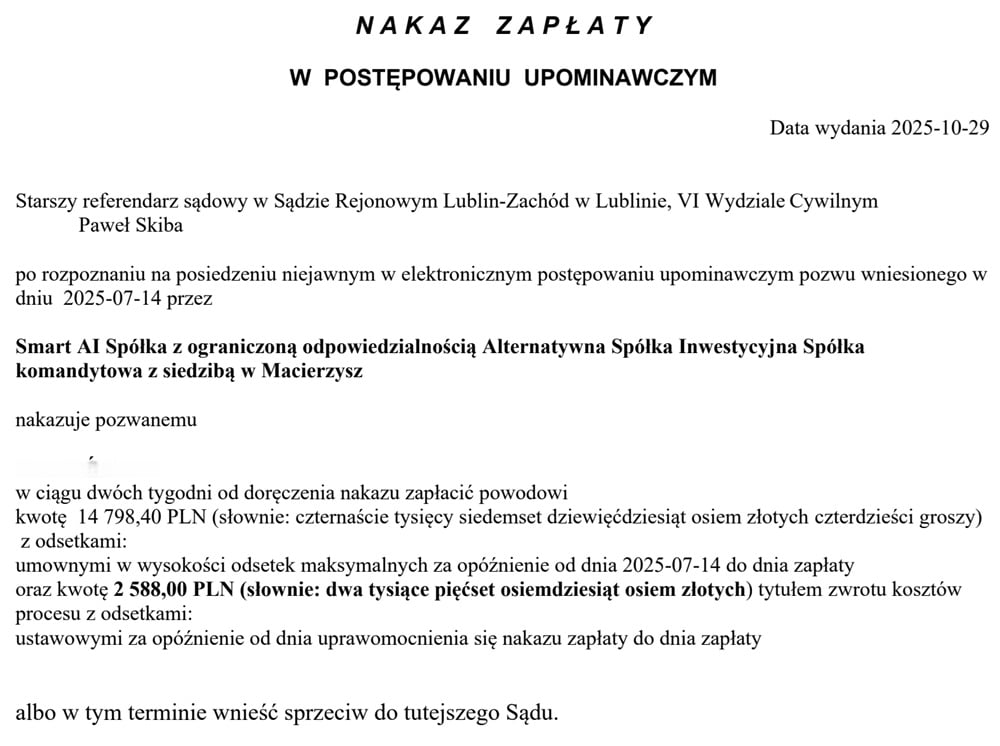 Nakaz zapłaty w sądzie elektronicznym EPU w sprawie z powództwa SMART AI