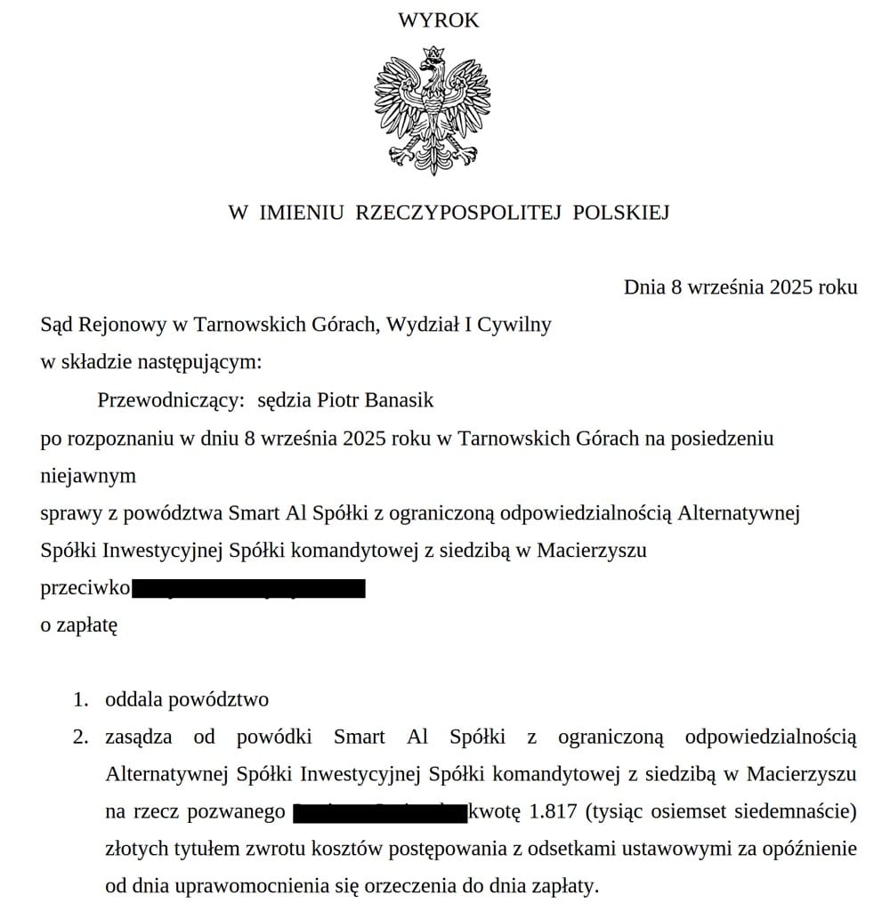 Wygrana w sądzie rejonowym ze SMART AI - wyrok