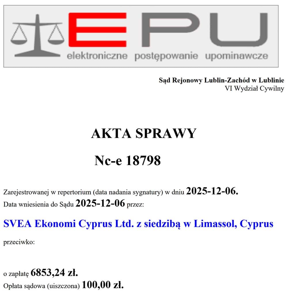 Dokument sądowy dotyczący sprawy cywilnej - akta sprawy z EPU