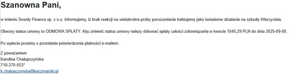 Mail od Kaczmarski Inkasso w sprawie pozyczki Vivigo - windykacja na zlecenie