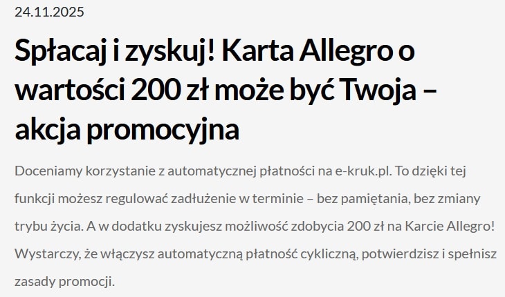 kruk karta allegro promocja | Jednak na tych, którzy zachowali zimną krew, nie dali się złamać presji i uodpornili się na te windykacyjne triki, czeka teraz nagroda. Wielki finał: rozłożenie długu w Vivigo na raty.