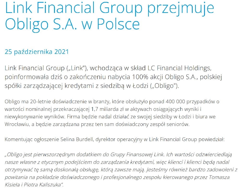 Link Financial Group przejęło Obligo - komunikat na stronie inwestora