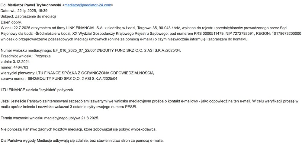 List mediatora Pawła Trybuchowskiego do dłużnika SMART AI w sprawie ugody