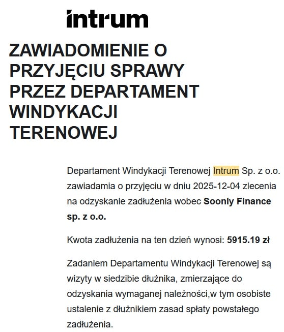Intrum -wezwanie do zapłaty w sprawie Soonly Finance