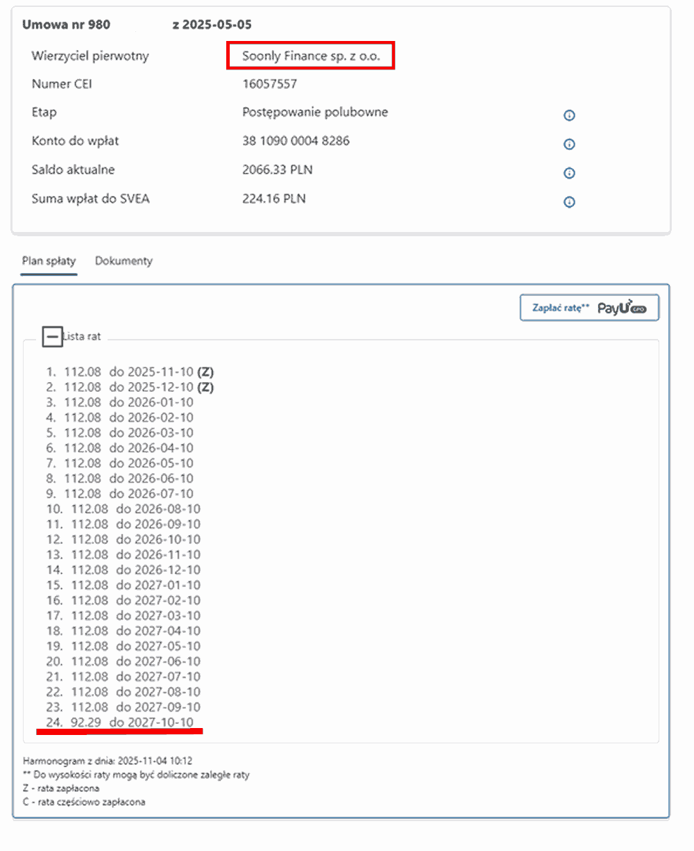Ugoda z firmą SVEA pokazująca rozłożenie chwilówki Vivigo na 24 raty