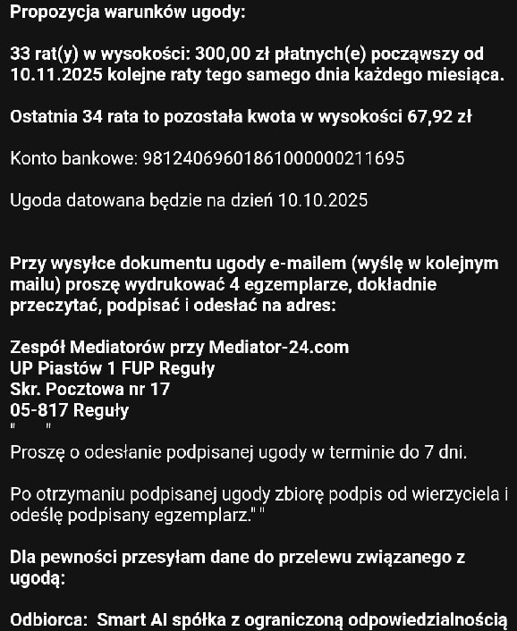 Propozycja ugody i układu ratalnego od mediatora Smart AI (grupa Obligo) po zakupie długu od DeltaWise - oferta spłaty zadłużenia ze Smartpożyczki w ratach bez odsetek