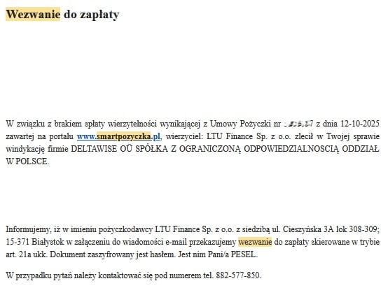 Wezwanie do zapłaty od DeltaWise OÜ jako pełnomocnika Smartpożyczka z groźbami pozwu do sądu i wizyty windykatora terenowego - etap przed cesją wierzytelności