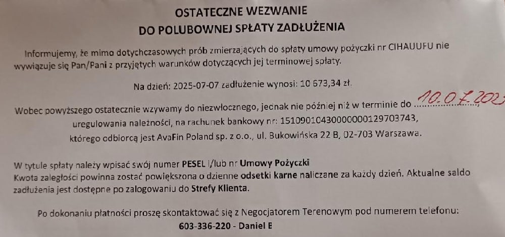 Wezwanie do zapłaty od firmy Asekuracja po wizycie windykatora terenowego – jedyna realna groźba przed cesją Avafin