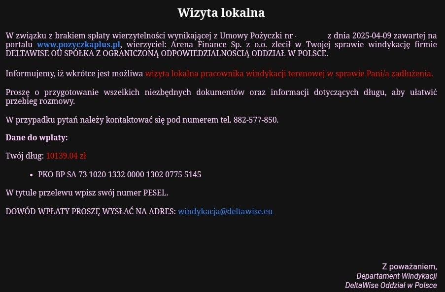 Informacja o wizycie lokalnej - straszak mailowy dla dłużnika Deltawise
