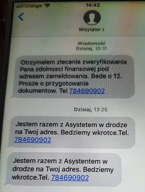 Przykład komunikatu SMS od DeltaWise sugerującego wizytę windykatora terenowego z asystentem – technika zastraszania dłużnika nieistniejącymi działaniami