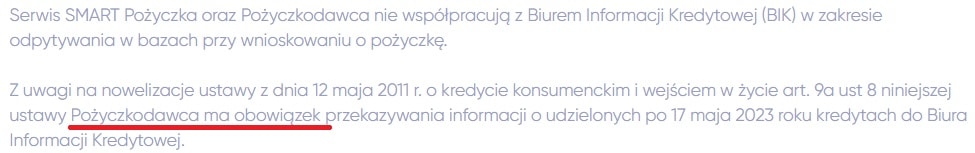 Screenshot ze strony Smartpożyczka potwierdzający że firma wpisuje dane o zadłużeniu do BIK zgodnie z ustawowym obowiązkiem mimo że nie sprawdza BIK przy weryfikacji klienta