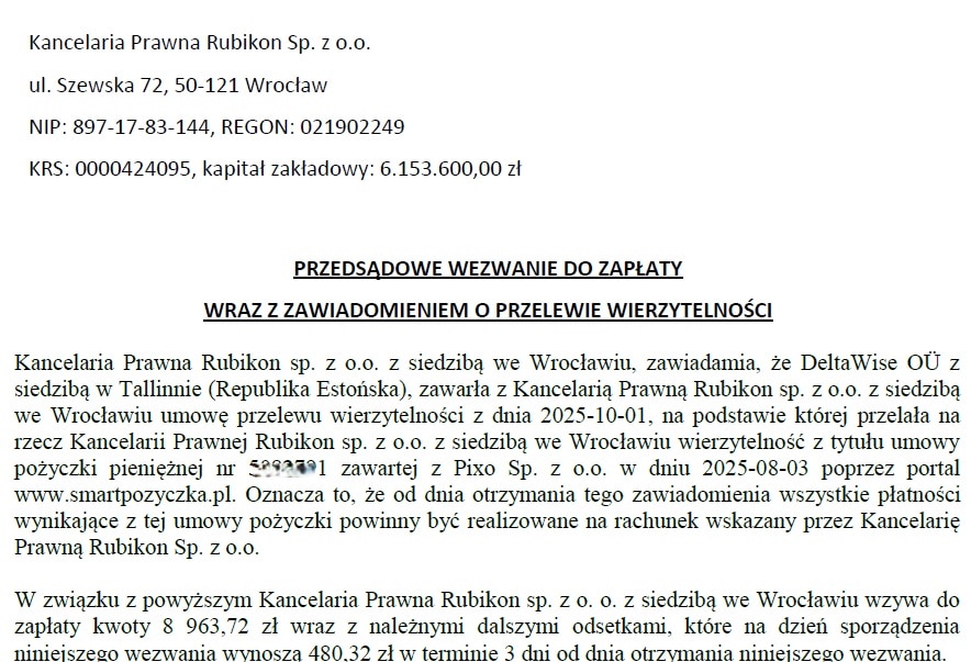 Wezwanie do zapłaty z kancelarii Rubikon