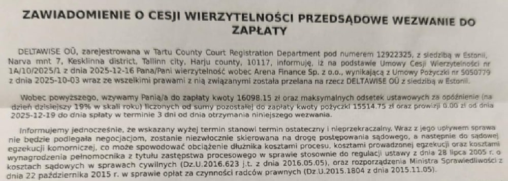 Oficjalne zawiadomienie o cesji wierzytelności – dokument informujący dłużnika o sprzedaży długu z Pożyczki Plus do estońskiej spółki windykacyjnej DeltaWise OÜ