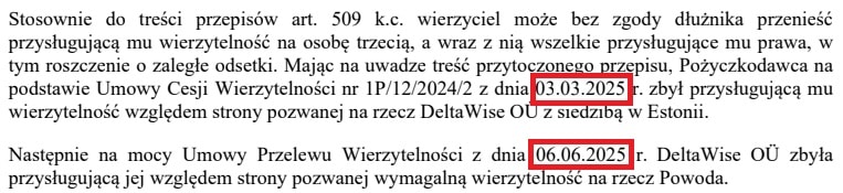 Fragment pozwu SMART AI informujący o nabyciu wierzytelności od deltawise i pokazujący, ile minęło od zakupu wierzytelności