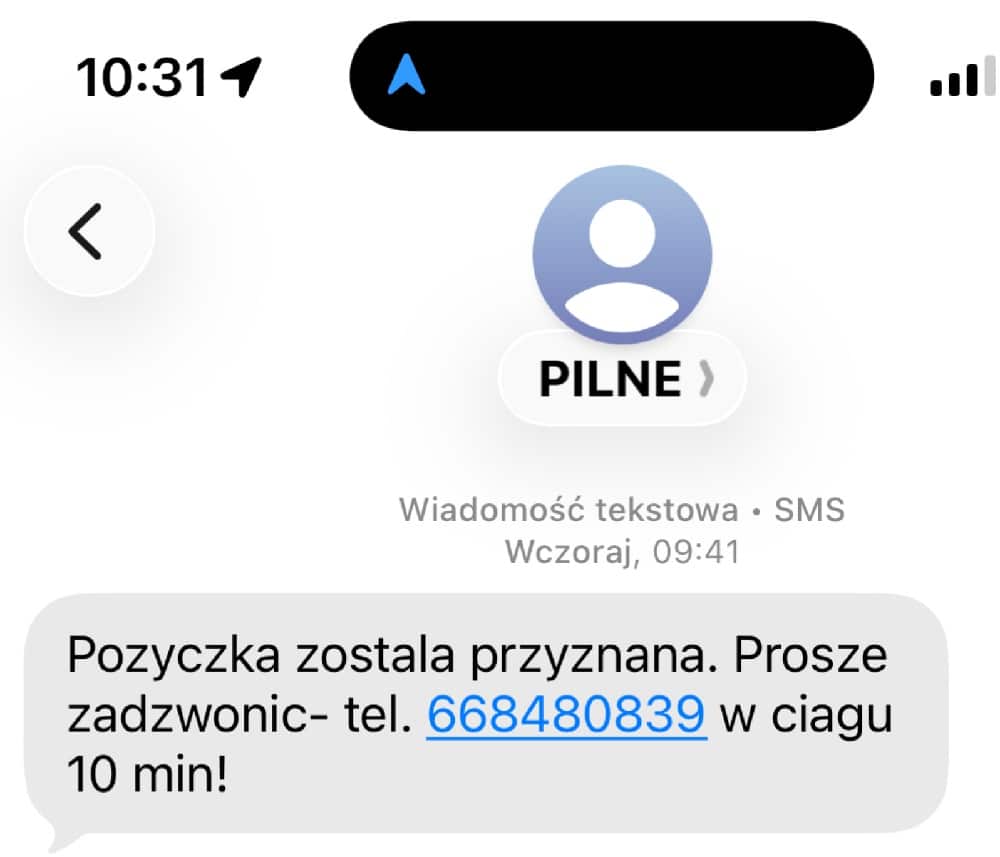 Sms od deltawise z informacją o przyznanej pożyczce.