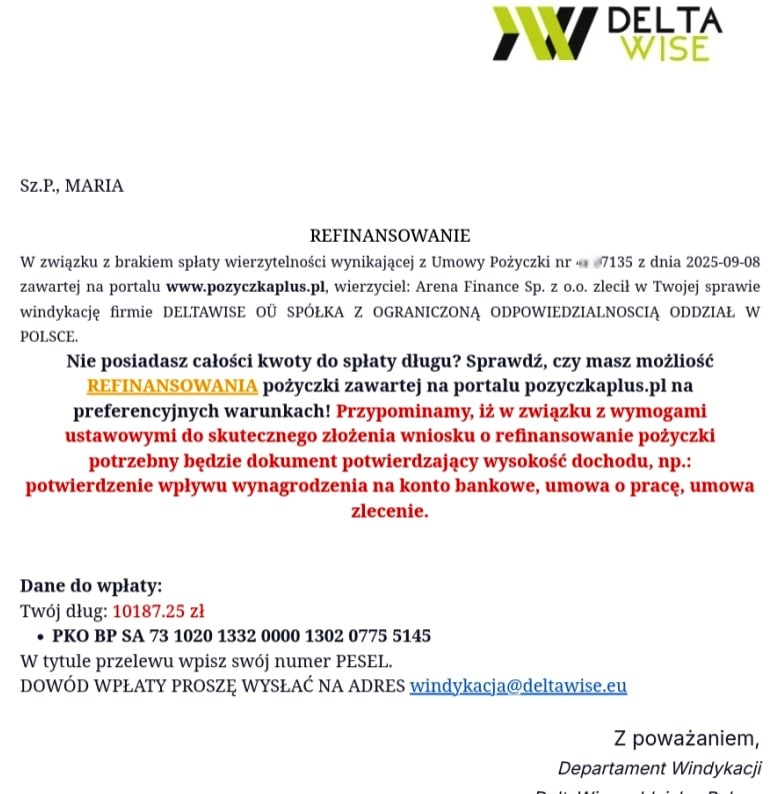 Propozycja refinansowania od Deltawise - ostatnia szansa na ugodę przed cesją