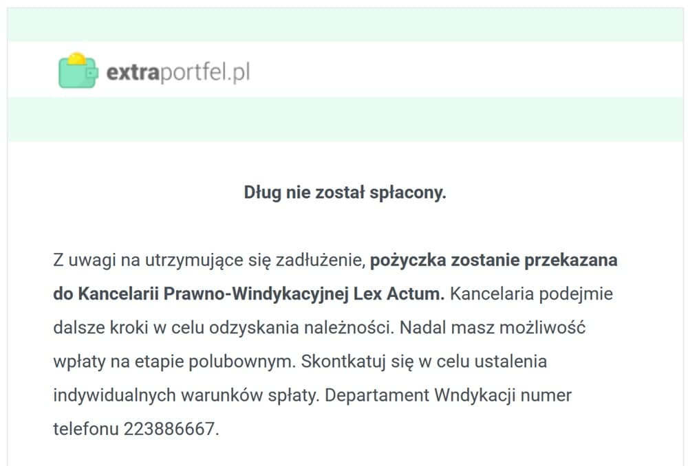 Informacja o przekazaniu długu Extraportfel do Lex Actum – mail lub pismo informujące o cesji wierzytelności