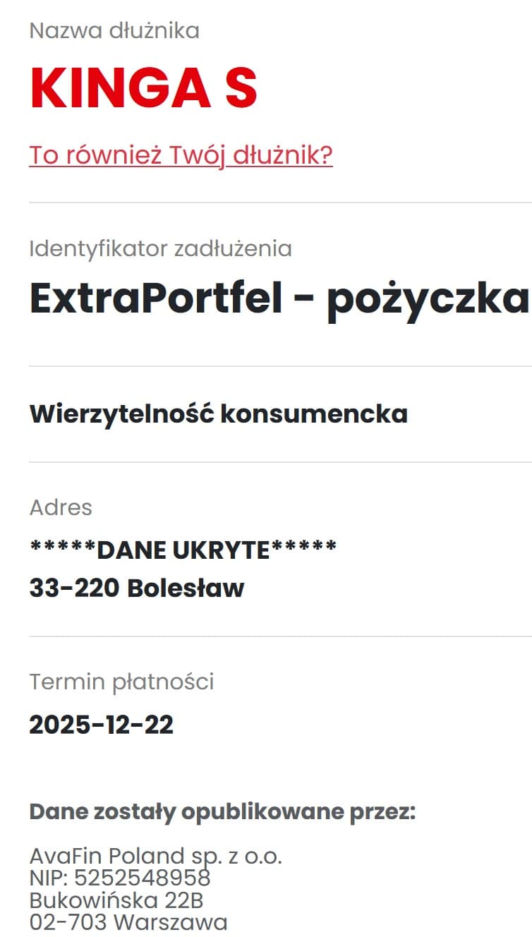Informacja o wystawieniu długu Extraportfel na giełdę długów dlugi.info – przykład maila o publikacji zadłużenia na platformie windykacyjnej