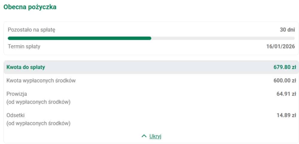 Panel klienta Extraportfel z widoczną kwotą pożyczki, terminem spłaty i RRSO