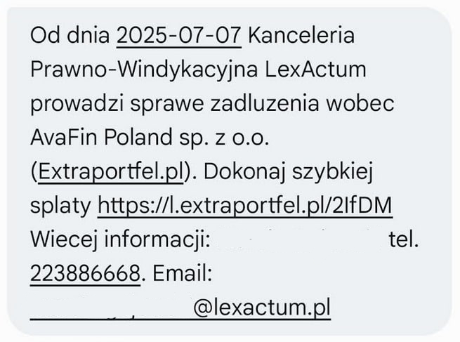 Ostateczne wezwanie do zapłaty od Lex Actum w sprawie długu Extraportfel – przykład pisma windykacyjnego z groźbą pozwu