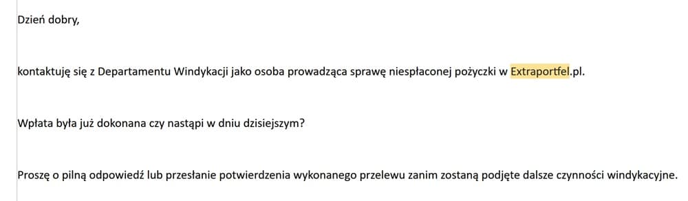 Pierwsze wezwanie do zapłaty z windykacji Extraportfel – przykład maila przypominającego o zaległości