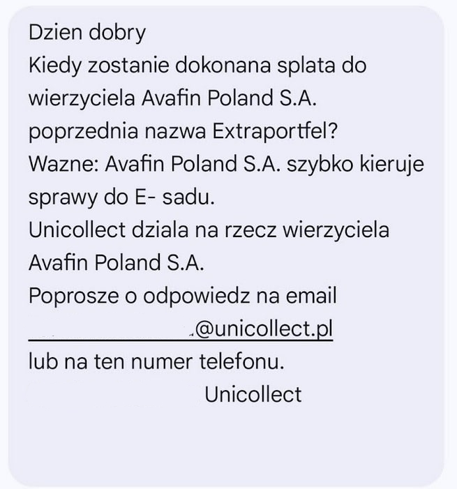 Pismo windykacyjne od firmy Unicollect w sprawie długu Extraportfel – przykład wezwania do zapłaty z firmy zewnętrznej