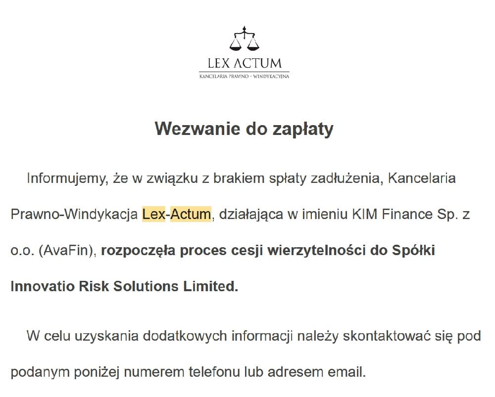 lex actum cesja do innovatio risk solution | Dostałeś pismo, że twój dług z Avafin lub Extraportfel kupił podmiot o nazwie Innovatio Risk Solutions Limited z Malty? To nie jest niezależna firma windykacyjna. To kolejny element tej samej układanki, w której Lex Actum udaje kancelarię prawną, a ty masz uwierzyć, że sprawy się komplikują.