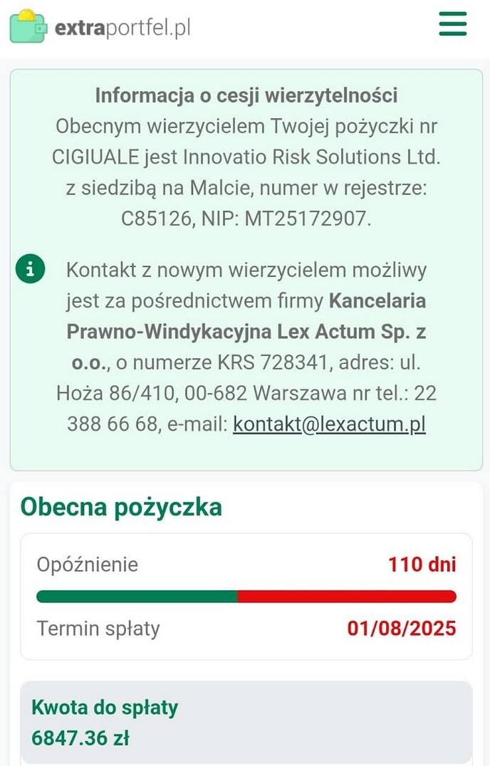 Pismo informacyjne Lex Actum o cesji długu Extraportfel do Innovatio Risk Solutions Malta