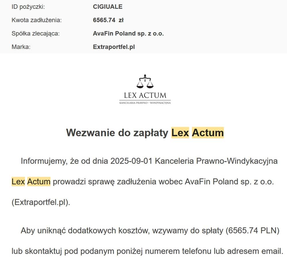 Pismo Lex Actum o przejęciu sprawy windykacyjnej długu Avafin w imieniu Innovatio