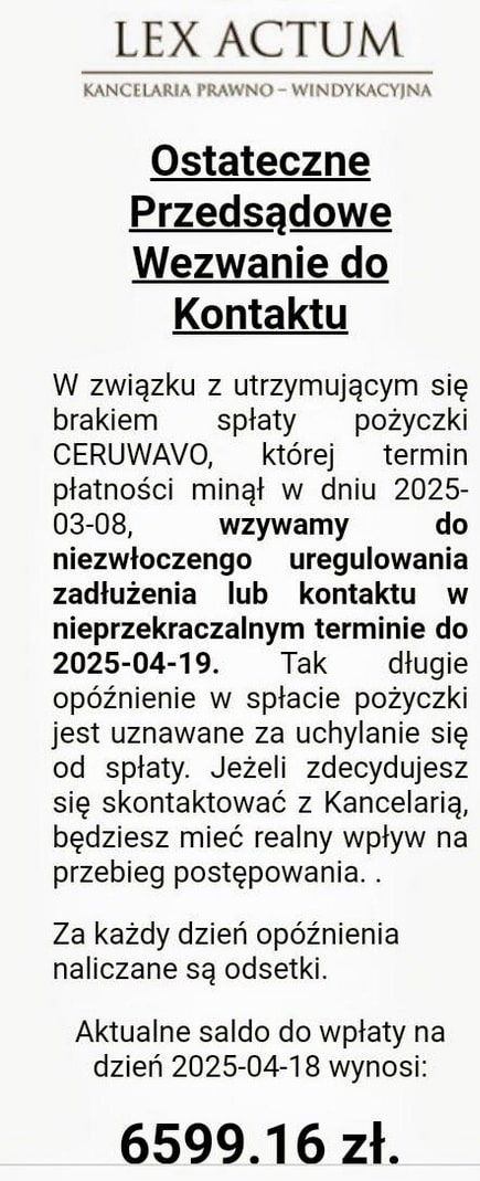 Ostateczne przedsądowe wezwanie do kontaktu od Lex Actum – groźba