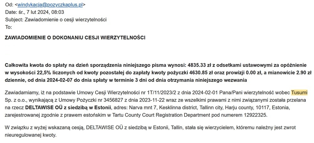 Email informujący o cesji wierzytelności Pożyczka Plus do Deltawise Estonia