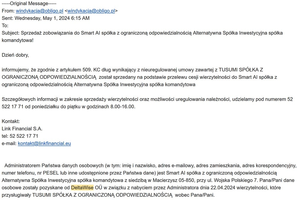 Informacja o sprzedaży długu Pożyczka Plus do Smart AI z grupy Link Financial