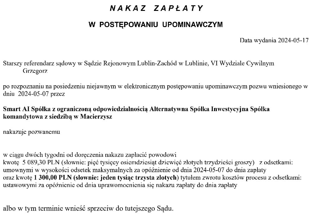 Nakaz zapłaty z EPU wydany przez referendarza - sprawa Smart AI vs dłużnik