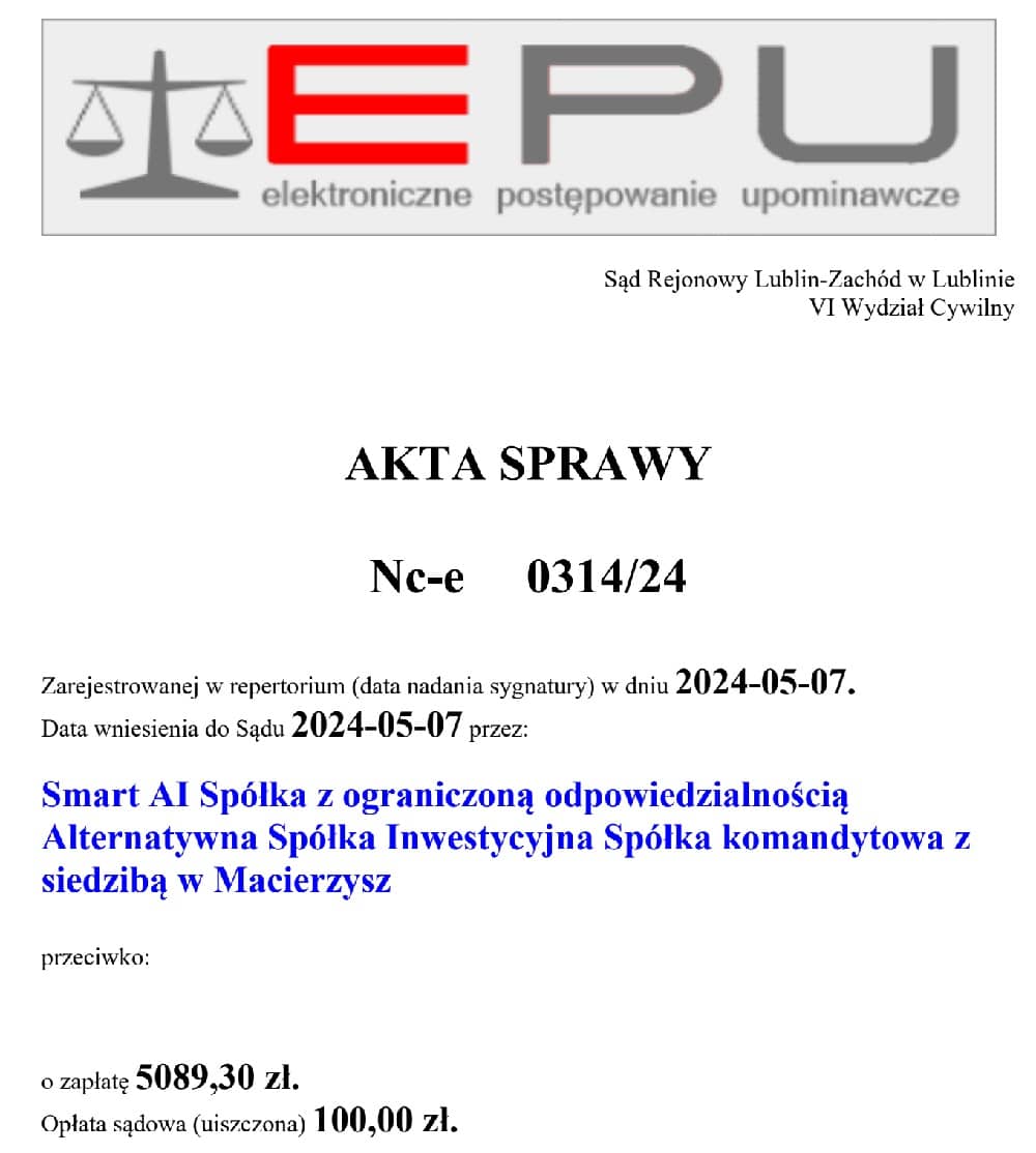 Pozew Smart AI w e-sądzie EPU Lublin - sprawa o dług z Pożyczki Plus