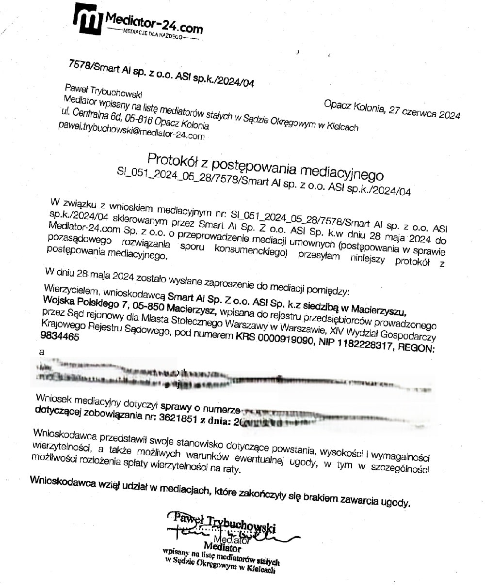 Raport mediatora Pawła Trybuchowskiego - dłużnik nie stawił się na mediacje