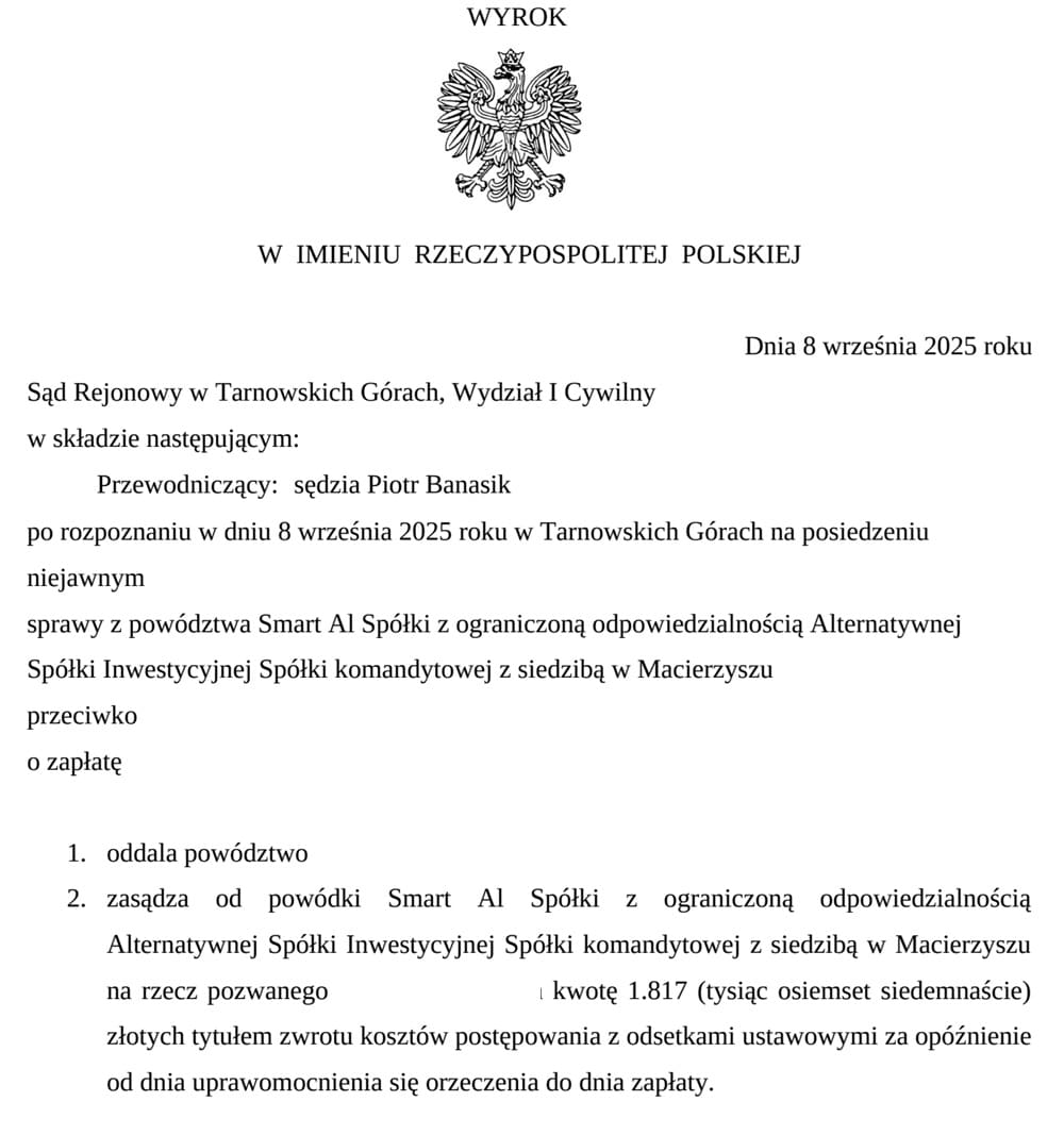 Wyrok sądu rejonowego oddalający powództwo Smart AI - dług umorzony z powodu refinansowania