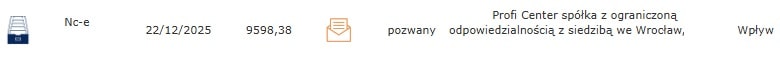 Widok panelu klienta w EPU po wpływie pozwu od Profi Center