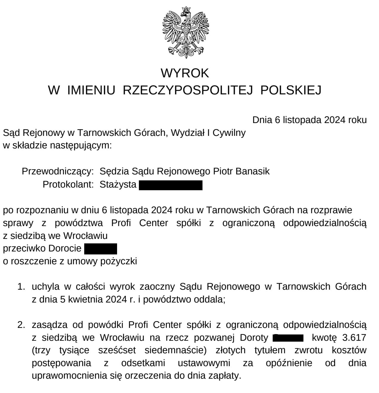Wyrok w sprawie z powództwa Profi Center - oddalający w całości