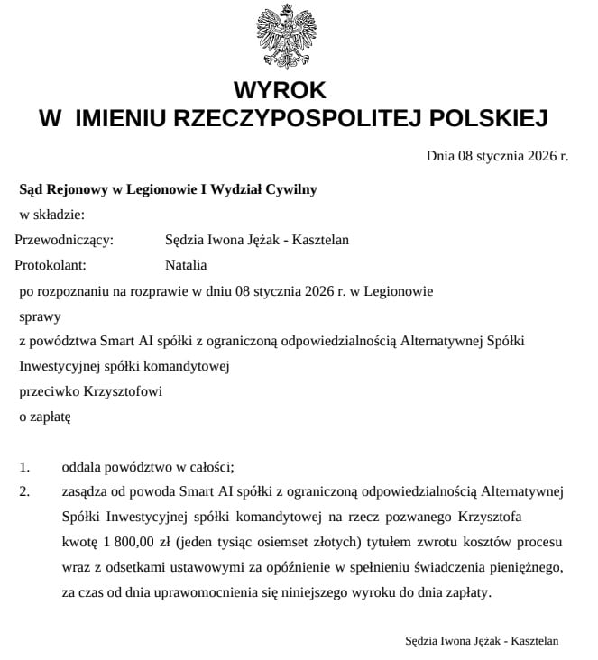 Wyrok sądu rejonowego oddalający powództwo Smart AI przeciwko dłużnikowi Smartpożyczki - przykład prawomocnego umorzenia długu refinansowanej chwilówki PIXO