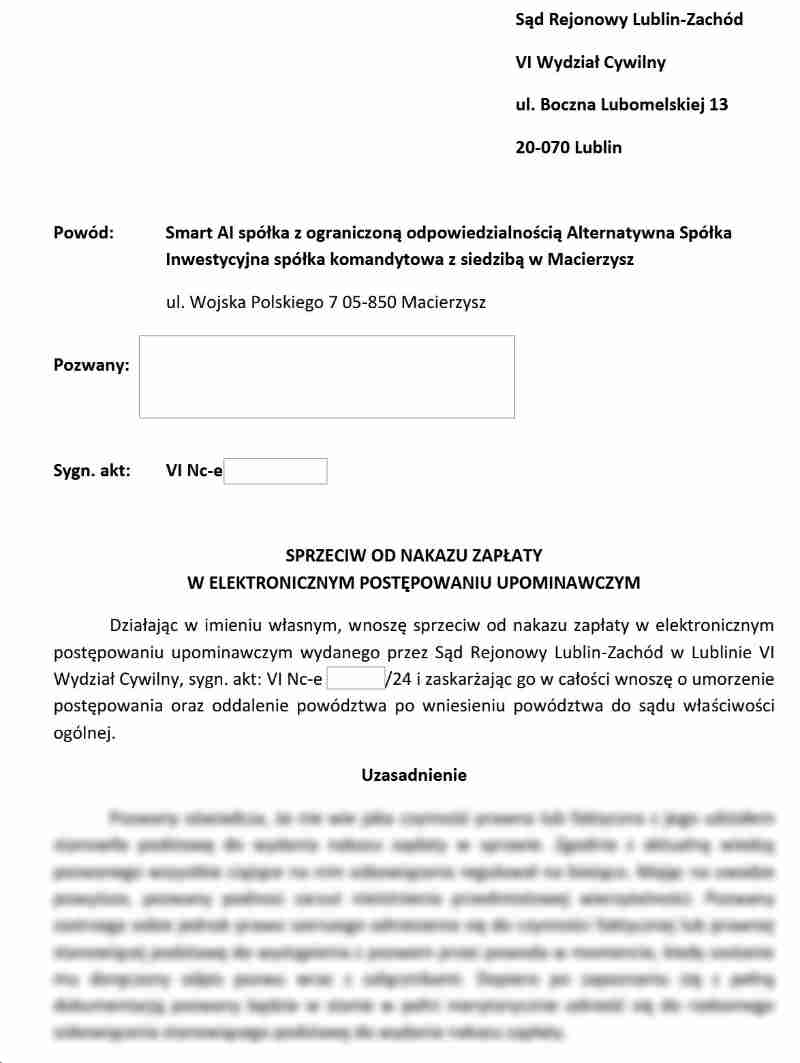 Sprzeciw od nakazu zapłaty sporządzony przez adwokata - fragment pisma