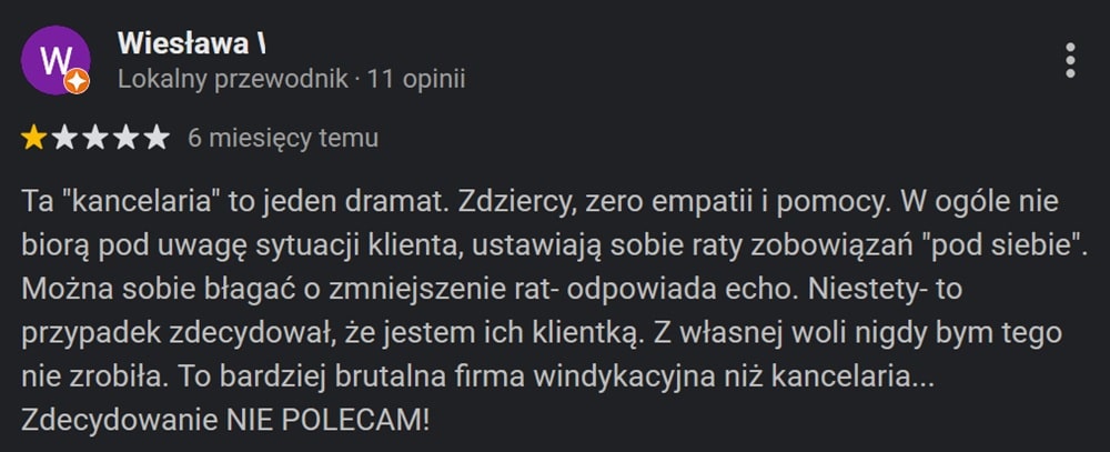 Kancelaria Rubikon ma fatalne opinie opinie w google, przykład oceny dokonanej przez dłużnika w postaci wypowiedzi pozostawionej w ramach opinii google