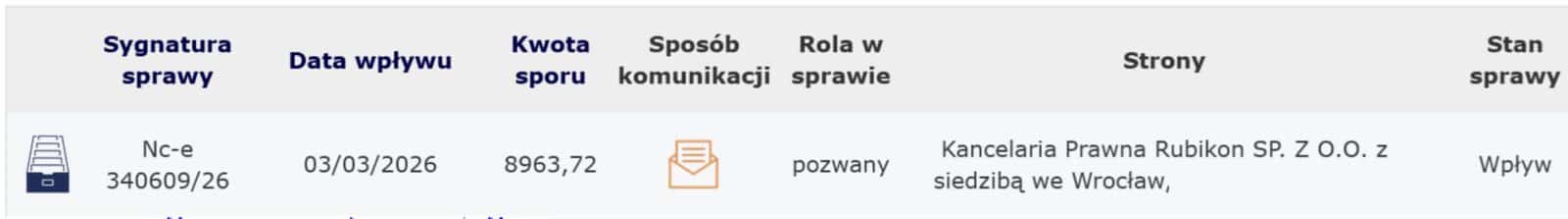 Fragment panelu klienta EPU z widoczną adnotacją o złożonym przez Rubikon pozwie do e-sądu