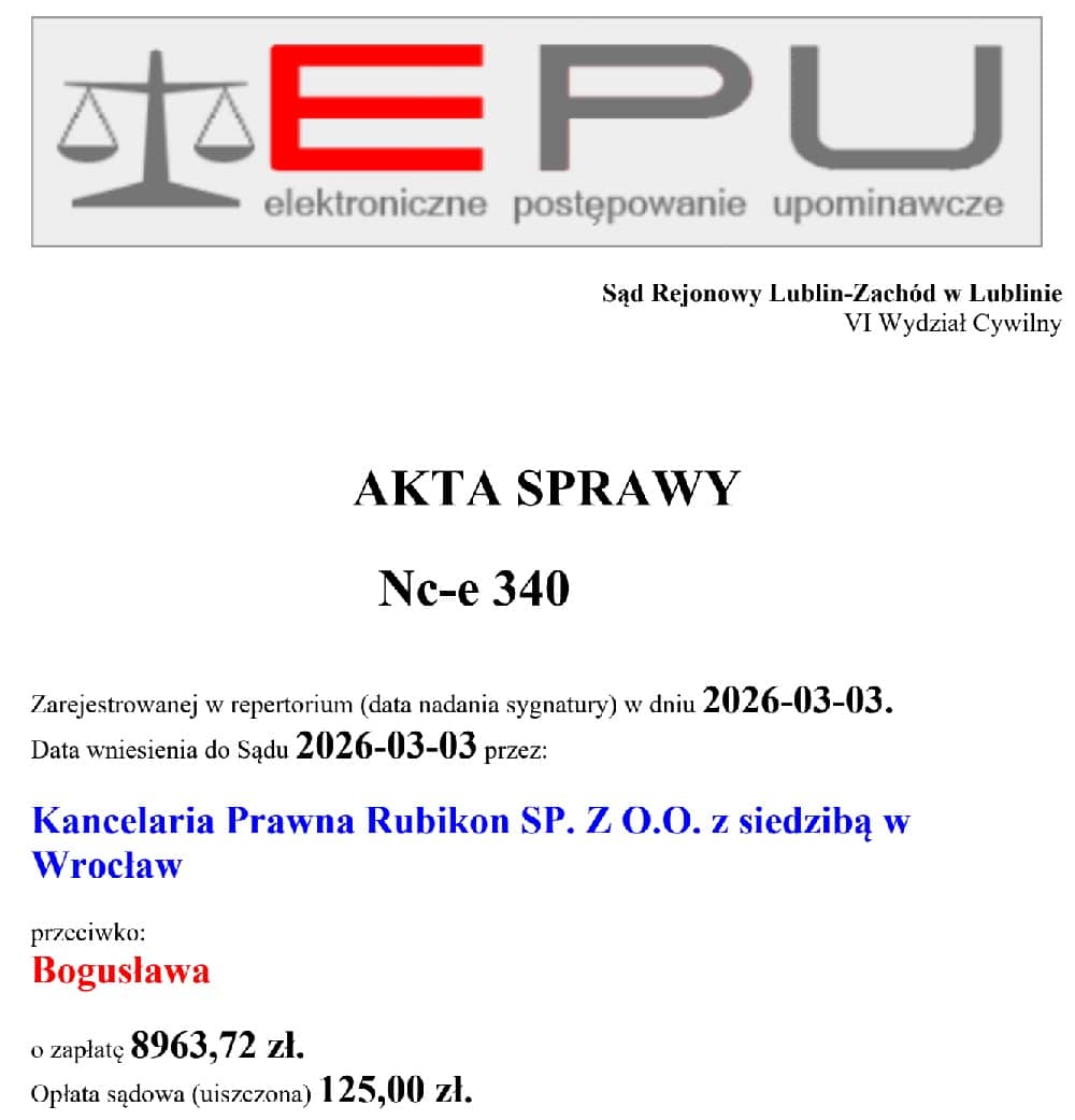 Akta sprawy EPU dotyczące pozwu przeciwko dłużnikowi Rubikon