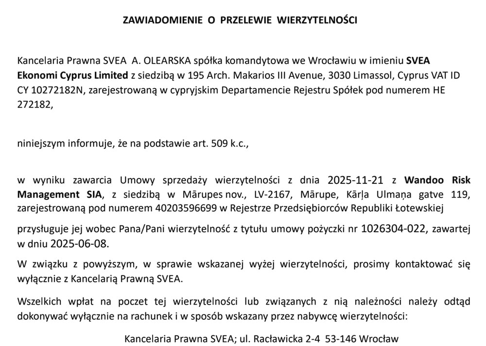 Zawiadomienie o przelewie wierzytelności - pismo Creditexpress Inkasso Poland informujące dłużnika o cesji długu na SVEA Ekonomi Cyprus Ltd