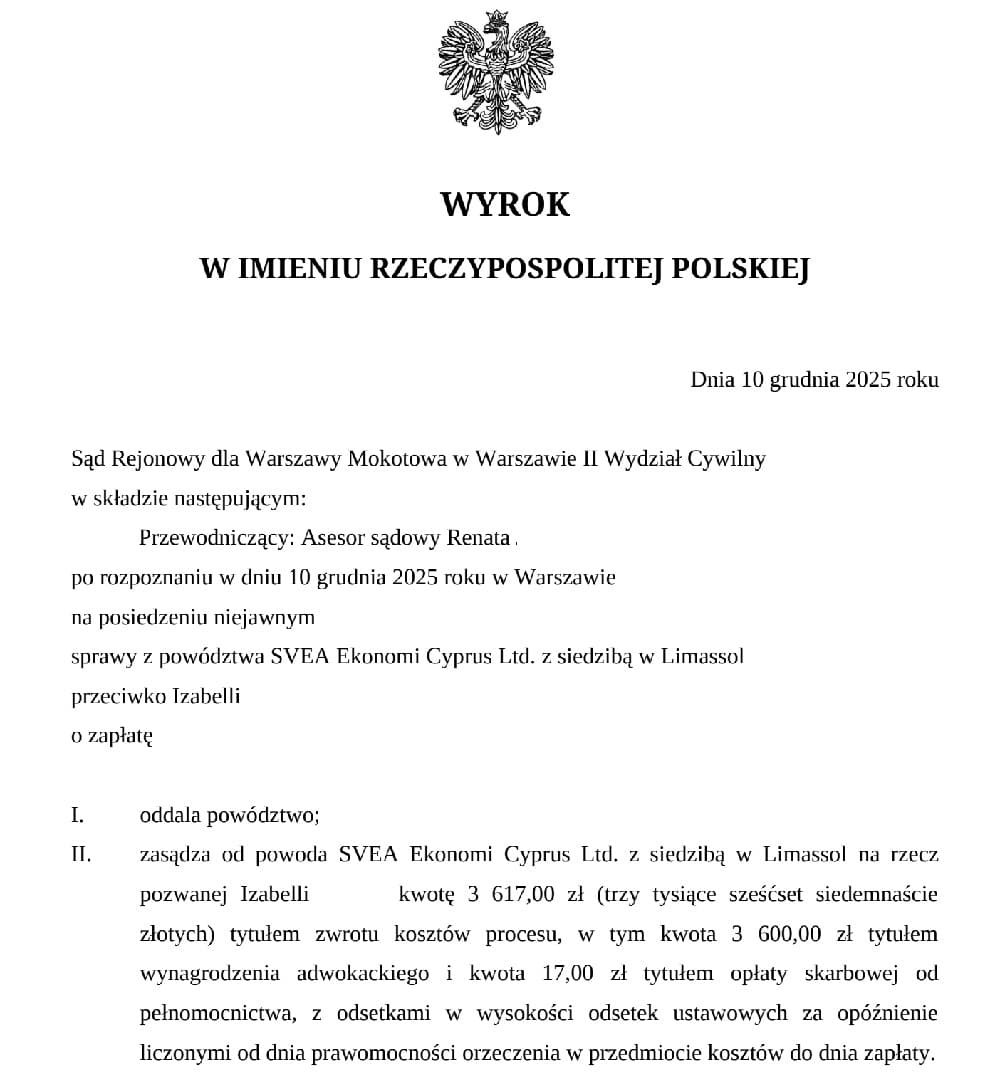 Wyrok sądu oddalający powództwo SVEA Ekonomi Cyprus Ltd - przykład przegranej sprawy sądowej SVEA w Polsce, Sąd Rejonowy dla Warszawy Mokotowa 2025