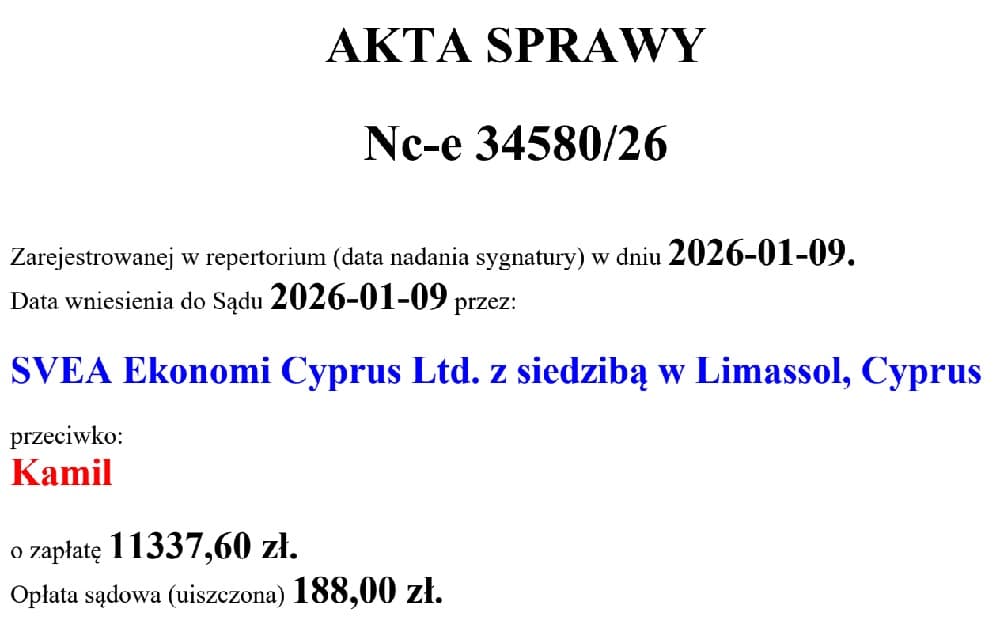 Alta sprawy EPU - rejestracja pozwu wysłanego przez SVEA Ekonomi Cyprus Ltd,