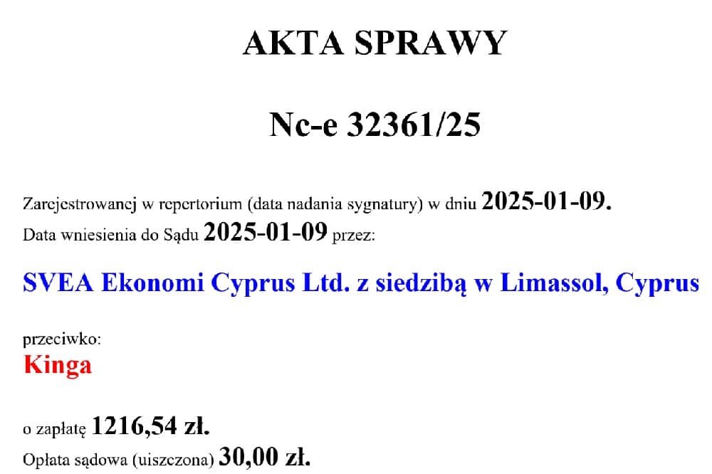 Alta sprawy EPU - rejestracja pozwu wysłanego przez SVEA Ekonomi Cyprus Ltd,