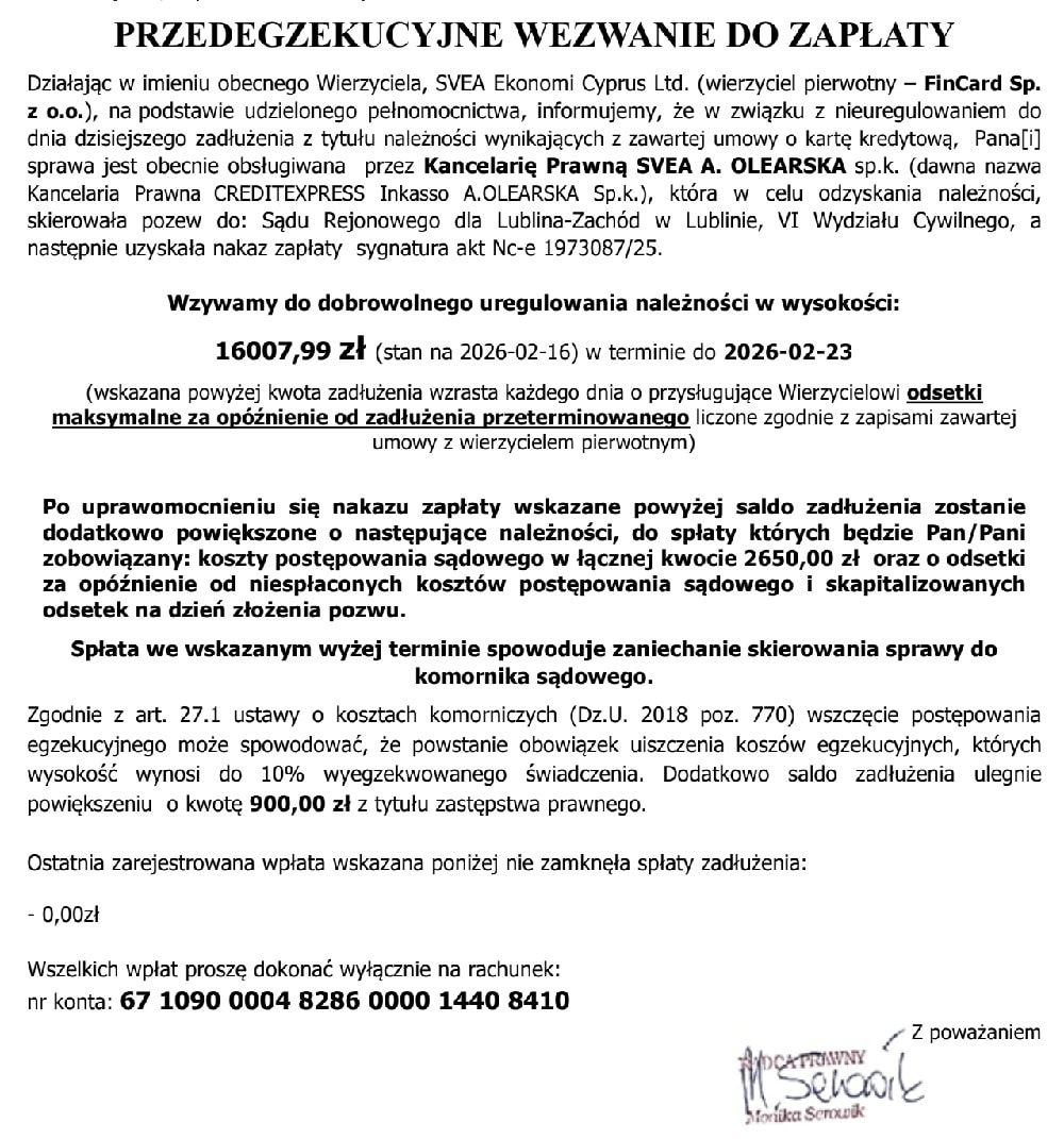 Przedsądowe wezwanie do zapłaty wystawione przez Kancelarię Prawną SVEA A. Olearska w imieniu SVEA Ekonomi Cyprus - przykładowy dokument windykacyjny Creditexpress Inkasso Poland
